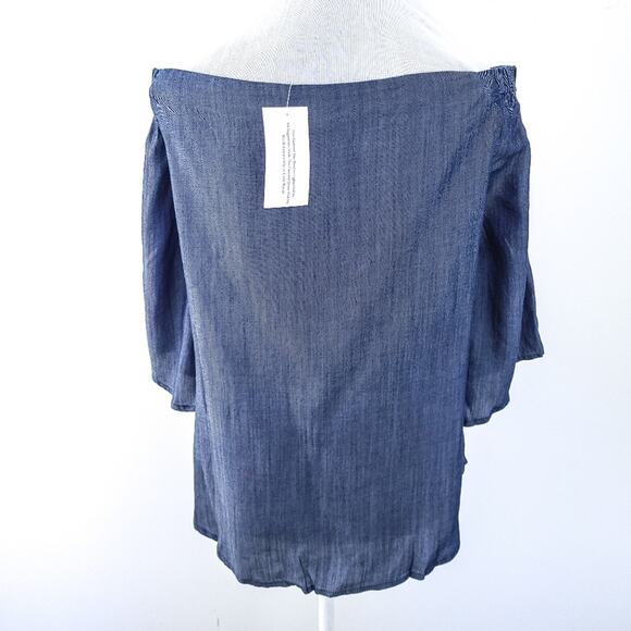 NEW Colleen Lopez Off Shoulder Chambray Shirt Large Women, 3/4 Split Sleeves - Picture 4 of 7